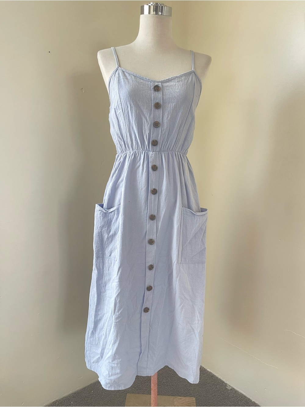 Light Blue Button-Front Midi Sundress with Pockets